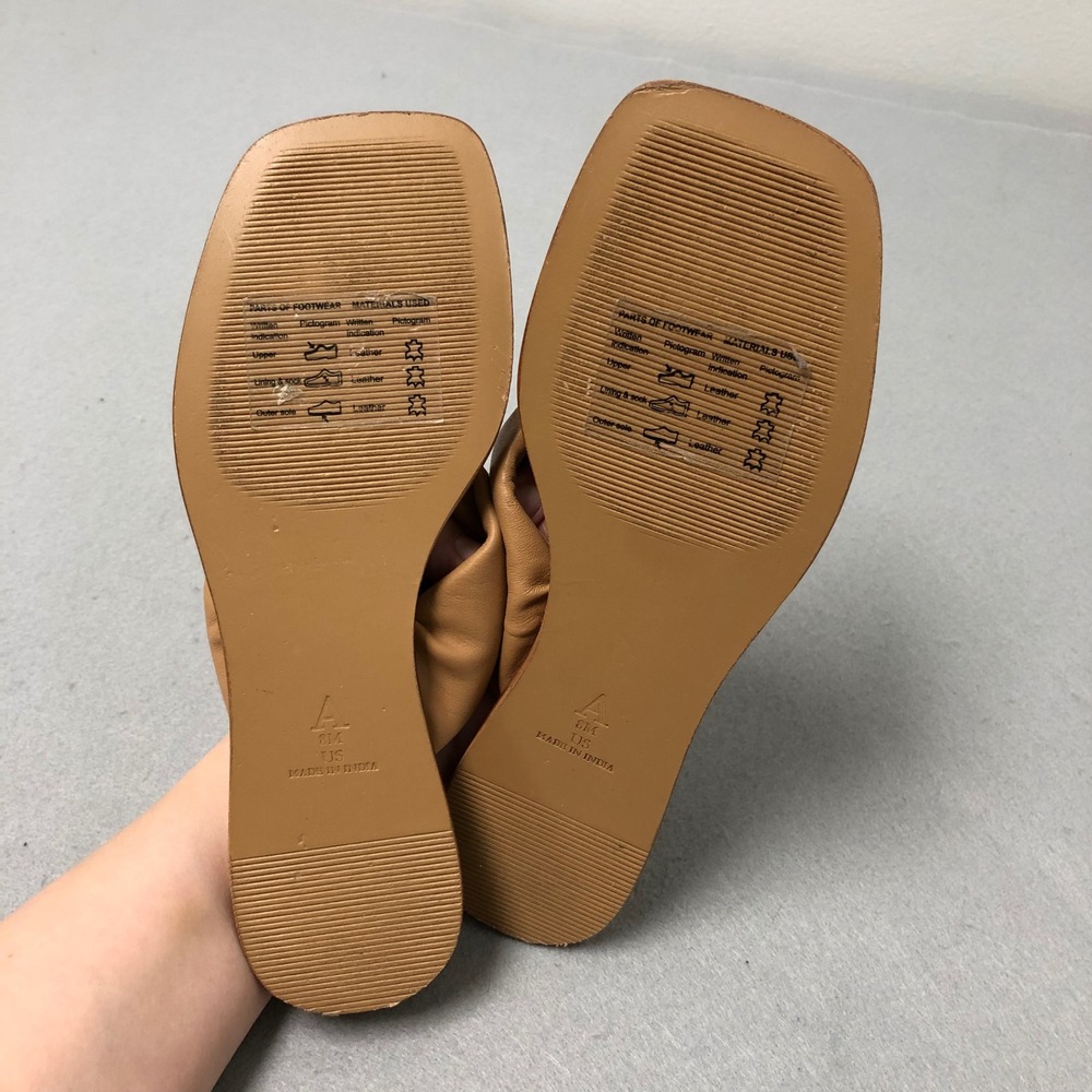 Maeve Knotted Puffy Leather Thong Sandals Womens 8 Tan Square Toe Flat Slides - Picture 7 of 15
